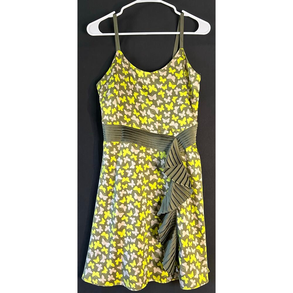 Tinley Road Butterfly Dress Green Yellow Pleated Ruffle Mini Size 2